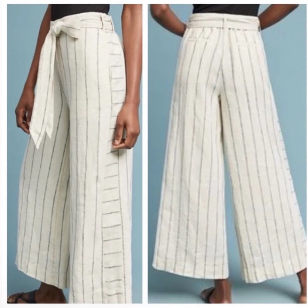 Anthropologie Portia Striped Linen Wide Leg Pants Tie Waist Cream No Belt Size S